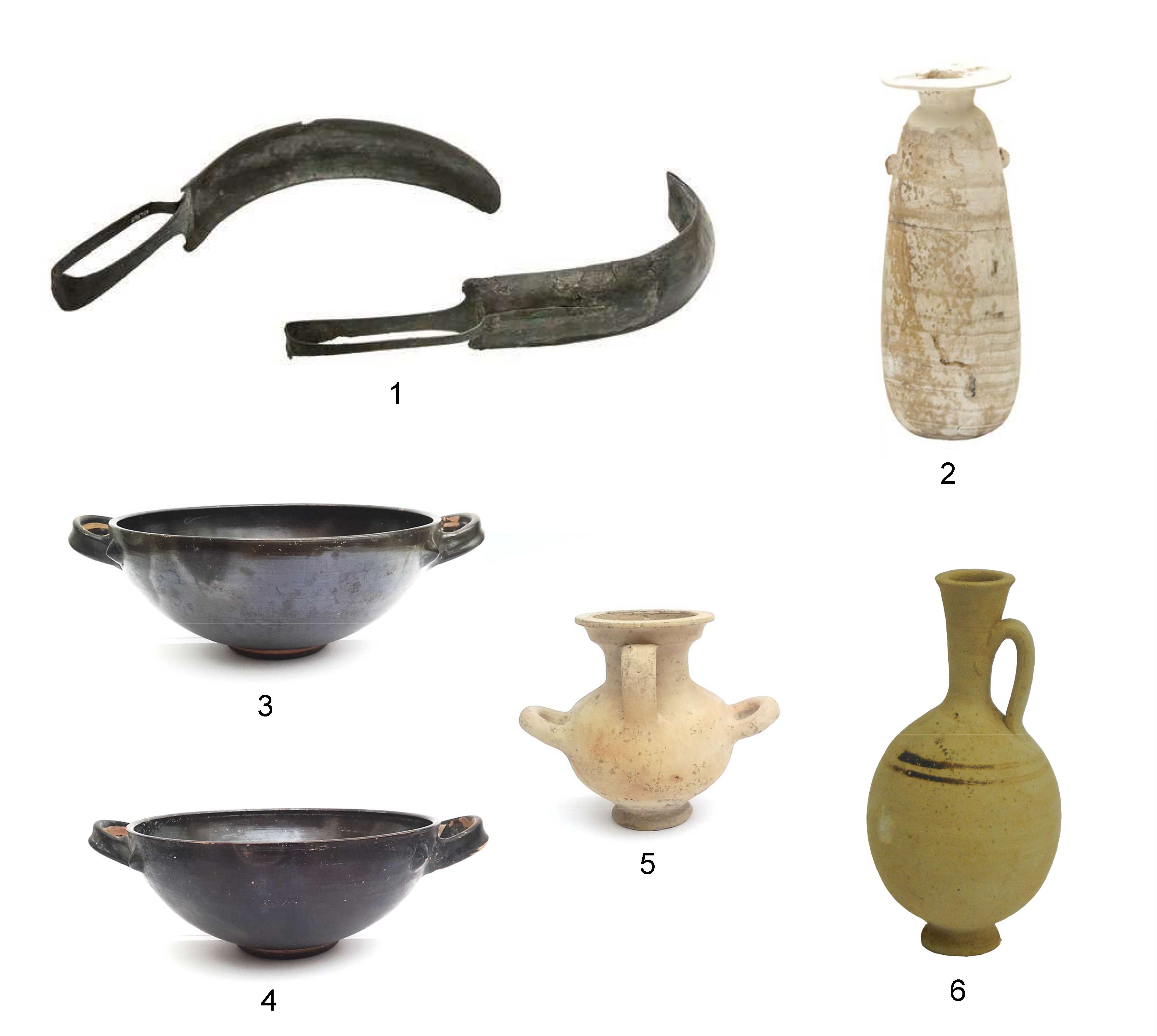 Fig. 3. “Tomba dell’Atleta”, materiali del corredo della prima deposizione (510-490 a.C.): 1, coppia di strigili in bronzo; 2, alabastron; 3-4, lekanides a vernice nera; 5, hydria acroma; 6, lekythos con decorazione lineare.