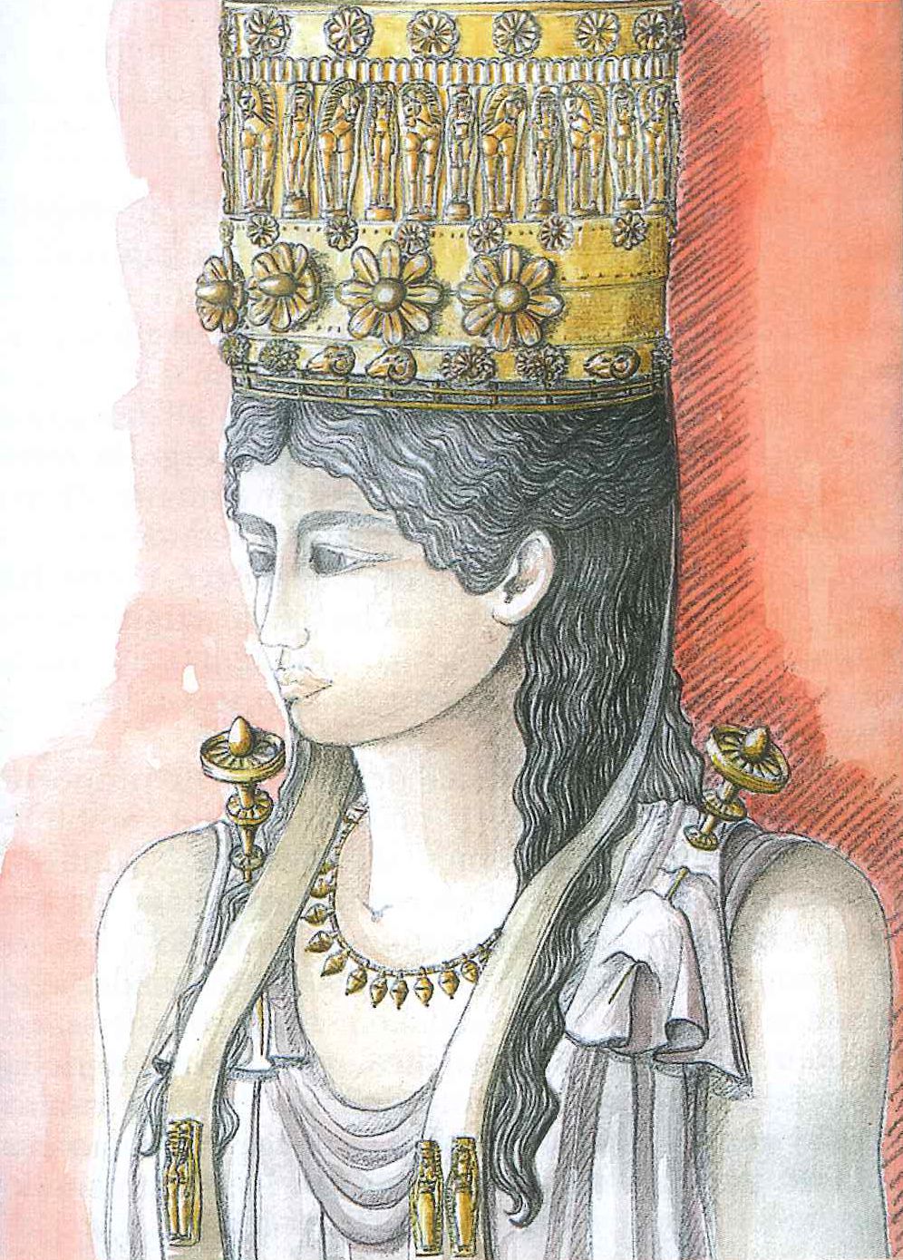 Fig. 6. “Tomb of the Athlete”: reconstructive drawing of the polos (headdress) in gilded silver foil, decorated with embossment, referable to the grave goods of an adult woman.