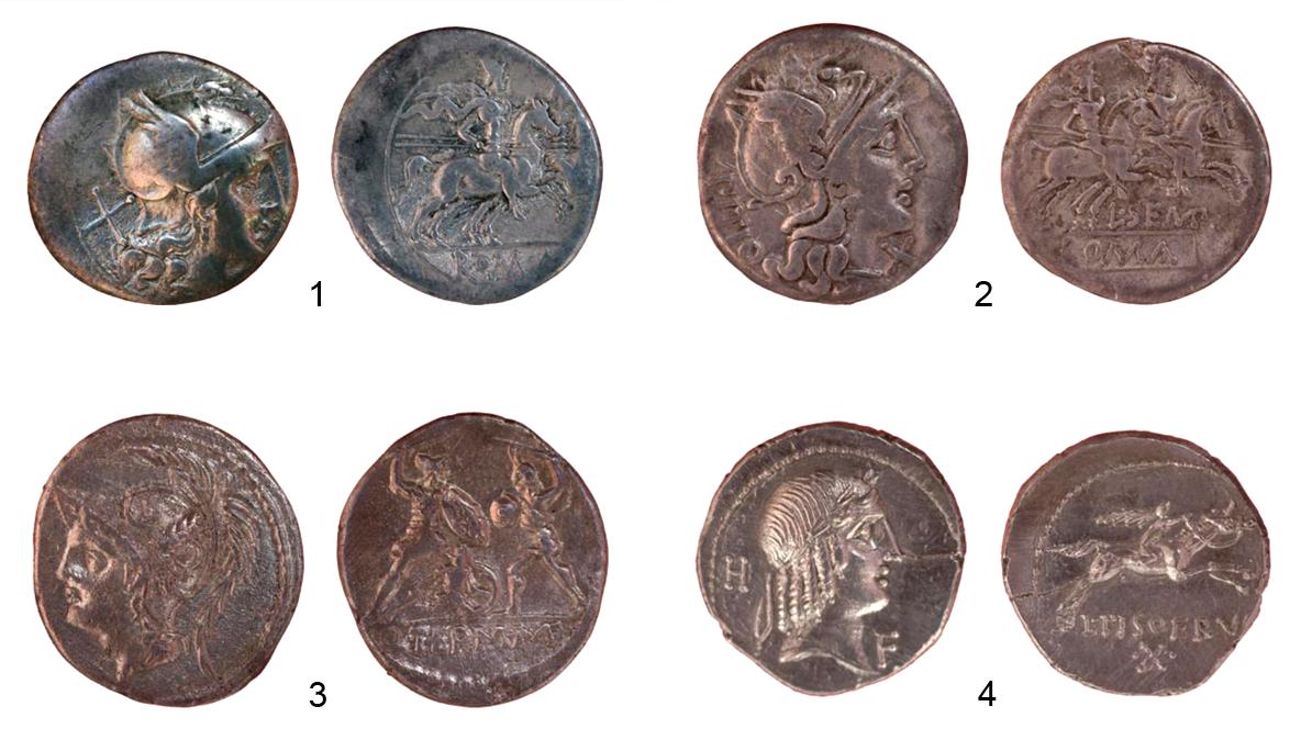 Fig. 2. Some of the silver denarii from the monetary hoard found in Via Piave: 1, anonymous (190-189 BC); 2, L. Sempronius Pythius (148 BC); 3, Q. Minucius Thermus M.f. (103 BC); 4, L. Calpurnius Piso Frugi (90 BC).