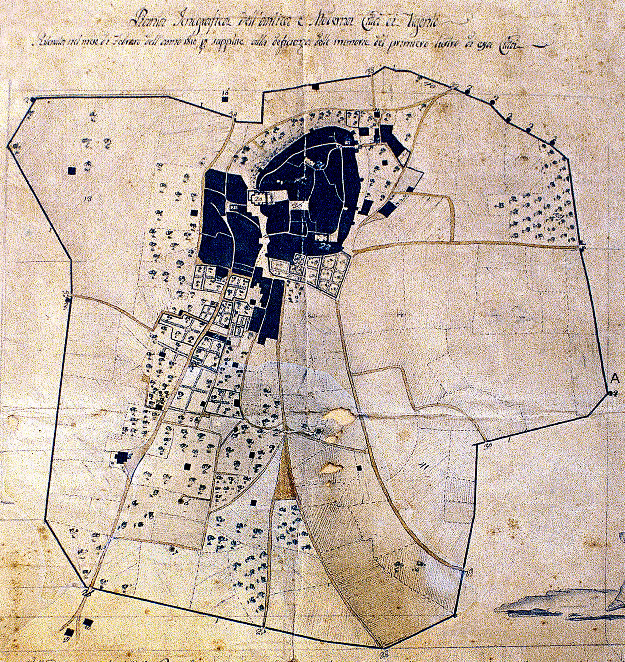 Fig. 2. Ichnographic plan of the ancient and modern city of Ugento, drawn in 1810 by A. Palazzi.