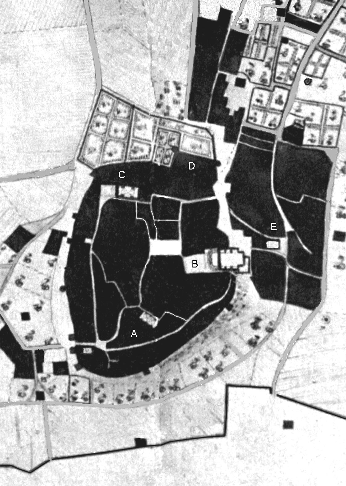 Fig. 5. Detail of the plan of Ugento drawn by A. Palazzi in 1810 in which the structure of the town of medieval origin is visible, delimited by walls, equipped with towers, demolished or adapted to housing during the nineteenth century: A, area of ​​the current Piazza A. Colossus; B, original shape of Piazza S. Vincenzo; C, Convent of the Observant Friars Minor, now home to the Museum; D, Castle; And, Borgo.