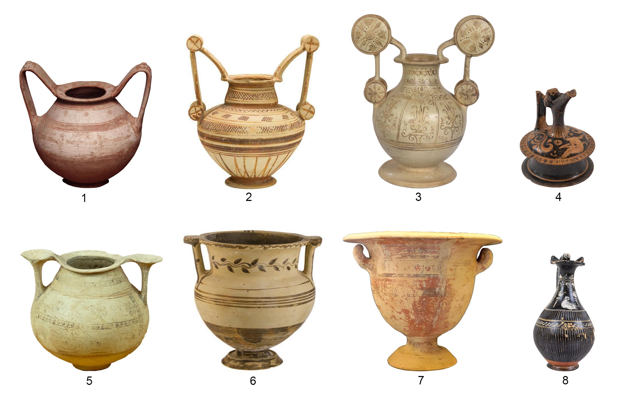 Fig. 1. Materiali ceramici dai corredi funerari di Ugento di età arcaica, classica ed ellenistica: 1, olla con anse sormontanti; 2, trozzella tardo-arcaica; 3, trozzella alto-ellenistica; 4, epichysis a figure rosse; 5, cratere con anse a fungo; 6, cratere a colonnette; 7, cratere a campana; 8, oinochoe in stile di Gnathia.